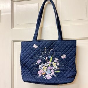 Vera Bradley Bloom Boom Navy Small Vera Tote Bag embroidered